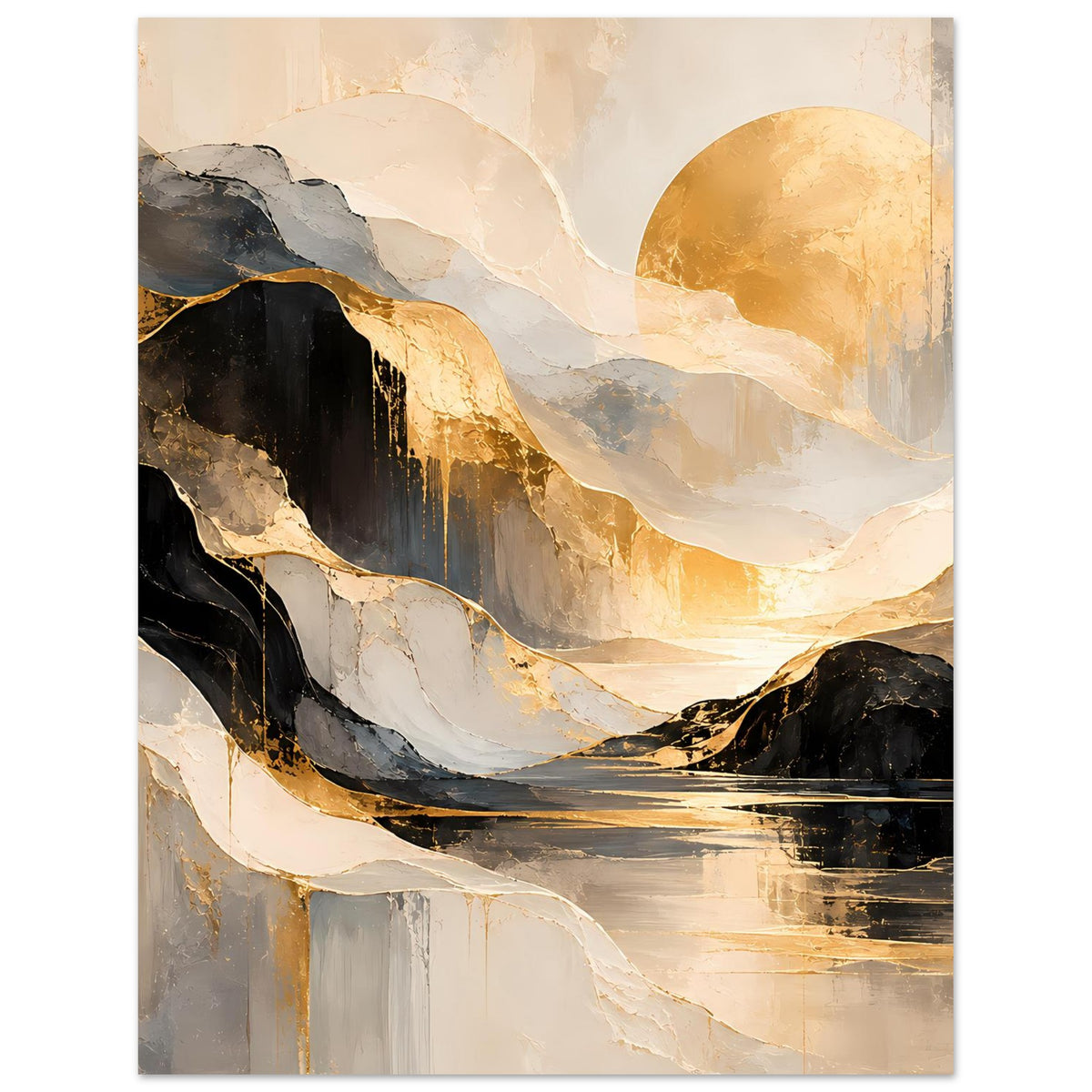 Abstraktes Gold-Schwarz-Kunstposter, vertikal, See-Wellen und helle Pinselspuren