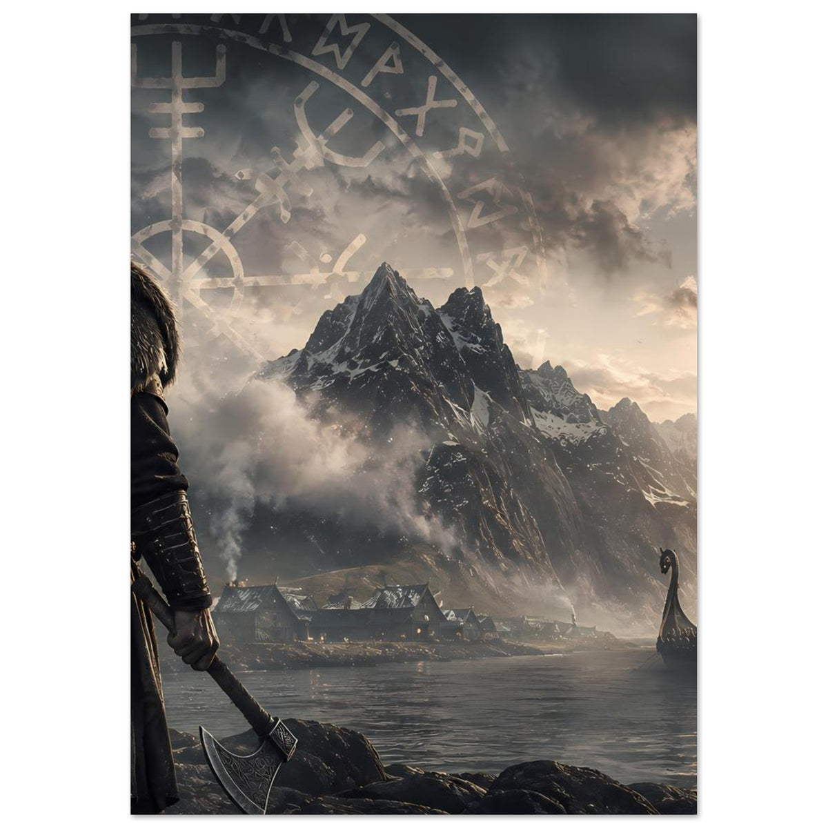 Wikinger-Poster: Krieger links, Fjord und Berggipfel, Runenkreis oben links.