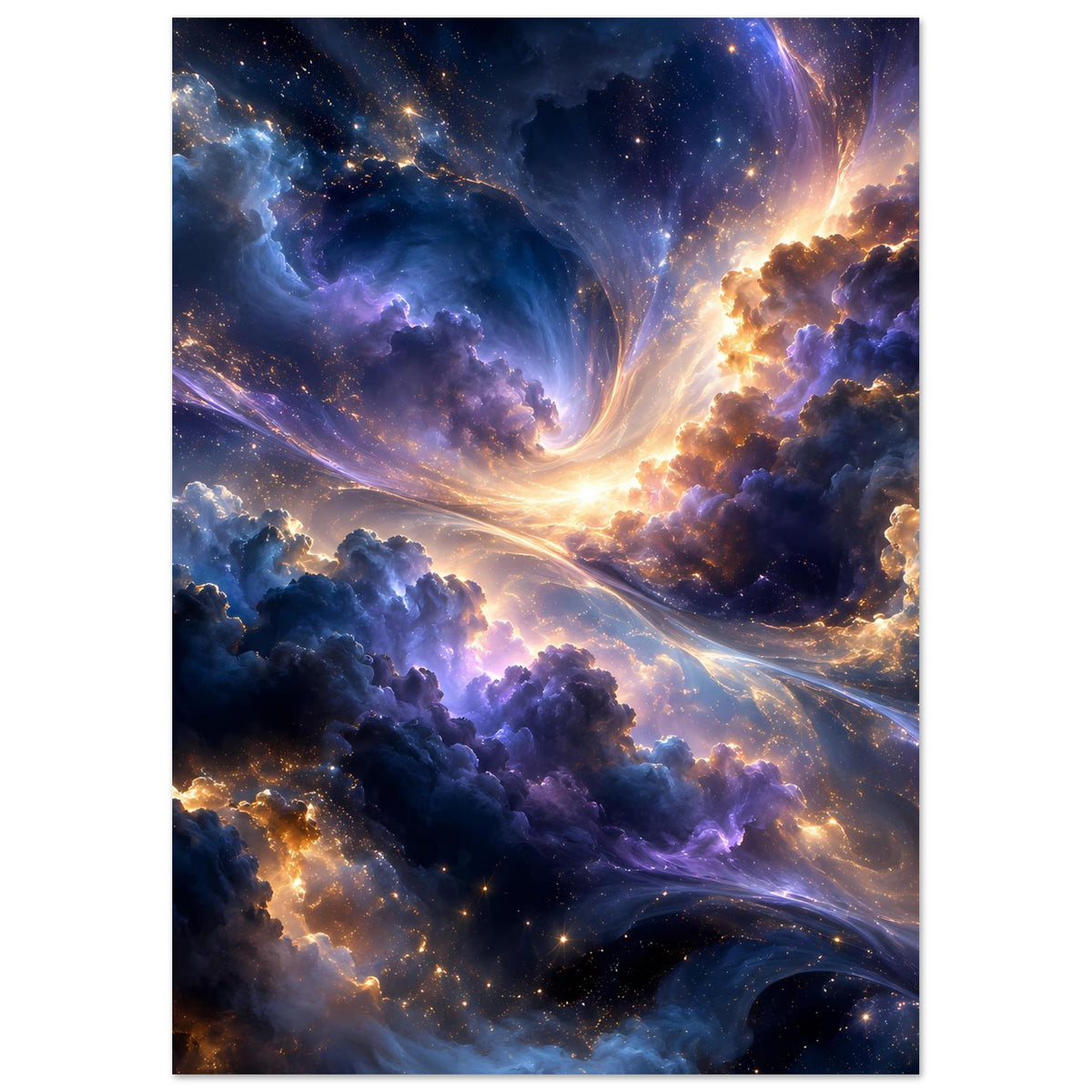Leuchtendes Galaxieposter mit Sternenstaub, violetten Wolken und goldener Lichtbahn