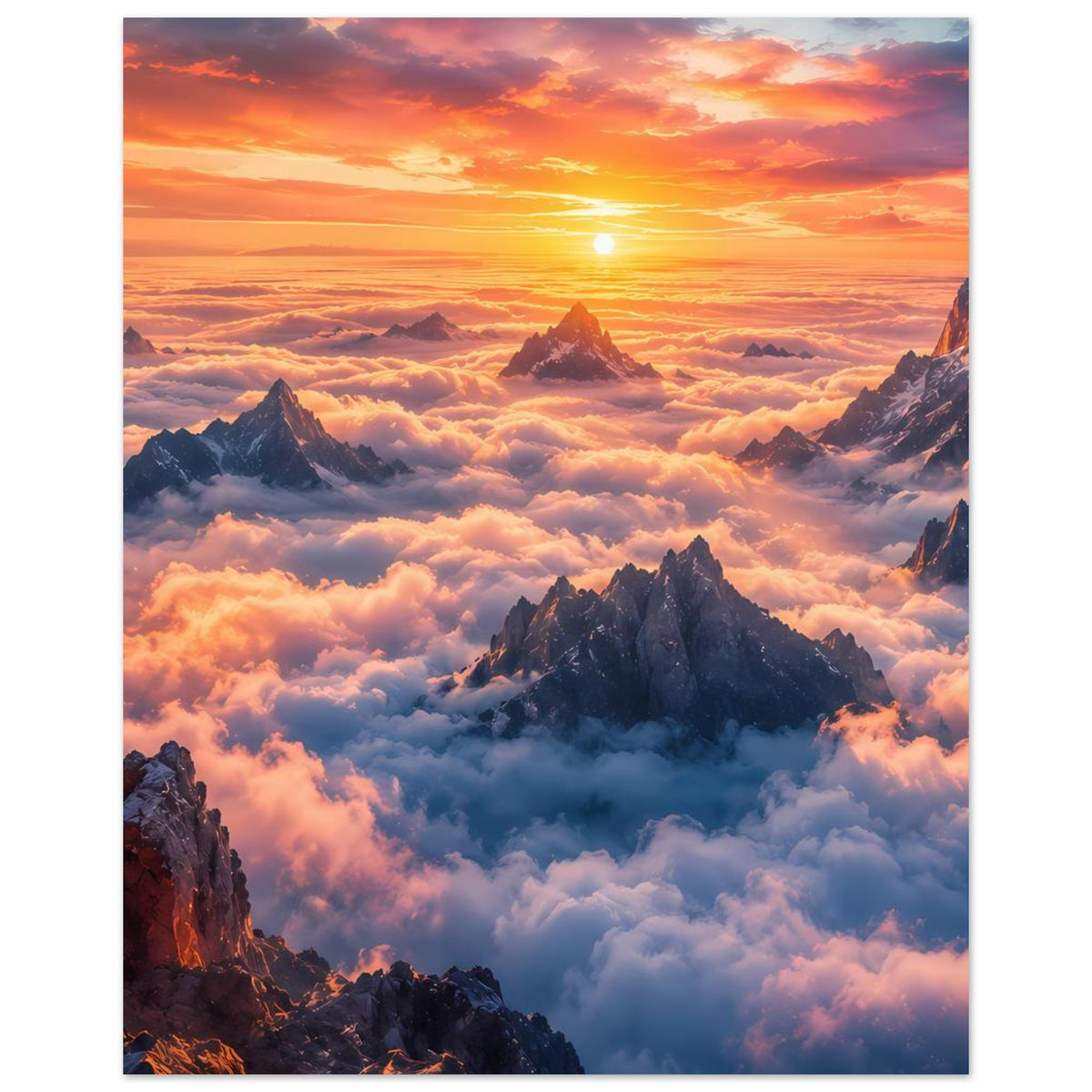 Poster im Hochformat mit goldener Sonne über Bergmassiv und flauschigen Wolken