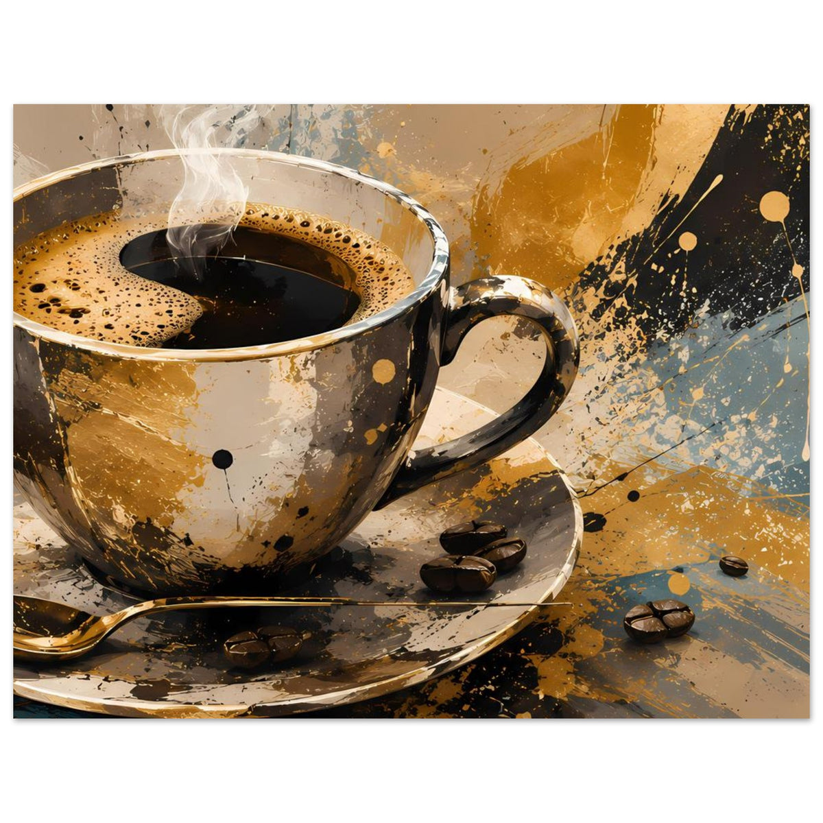 Kunstposter mit Kaffeetasse, dampfender Espresso in der Tasse, Untertasse mit Kaffeebohnen