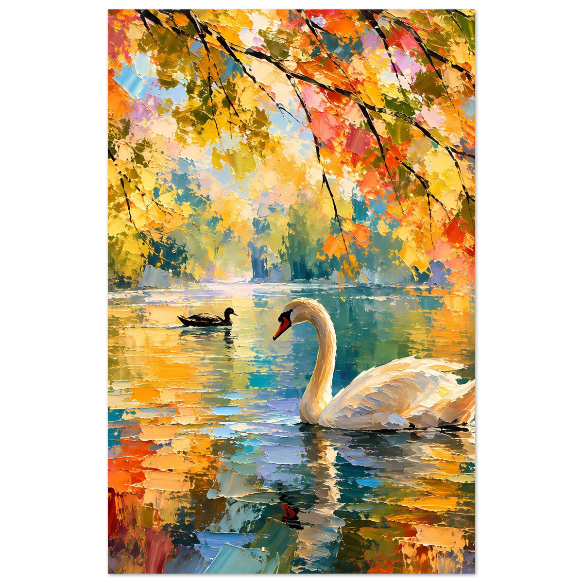 Kunstposter, stehender weißer Schwan am Seeufer mit bunten Herbstblättern und Enten