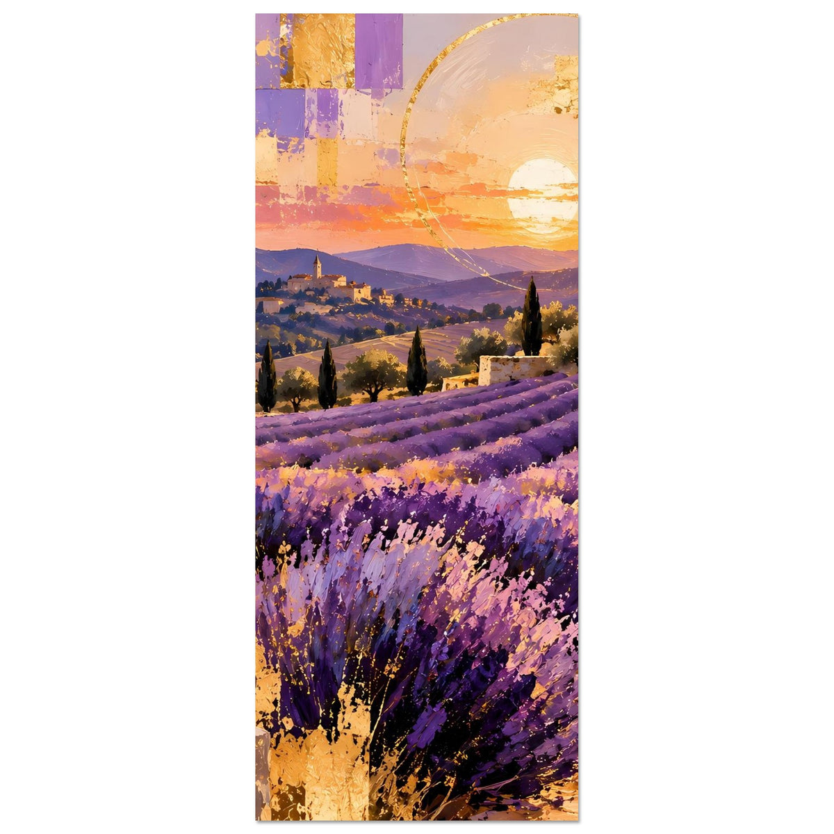 Vertikales Poster mit Lavendelfeld, goldenem Sonnenuntergang und fernen Hügeln
