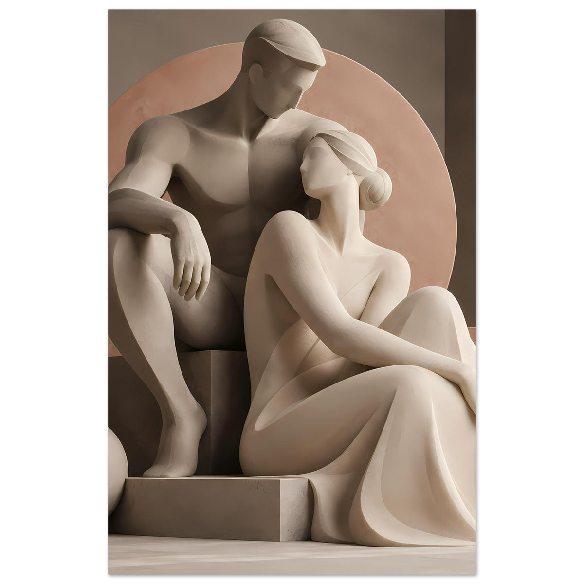 Kunstposter mit Liebespaar-Skulptur: zwei sitzende Aktfiguren, weich modelliert, Erdtöne
