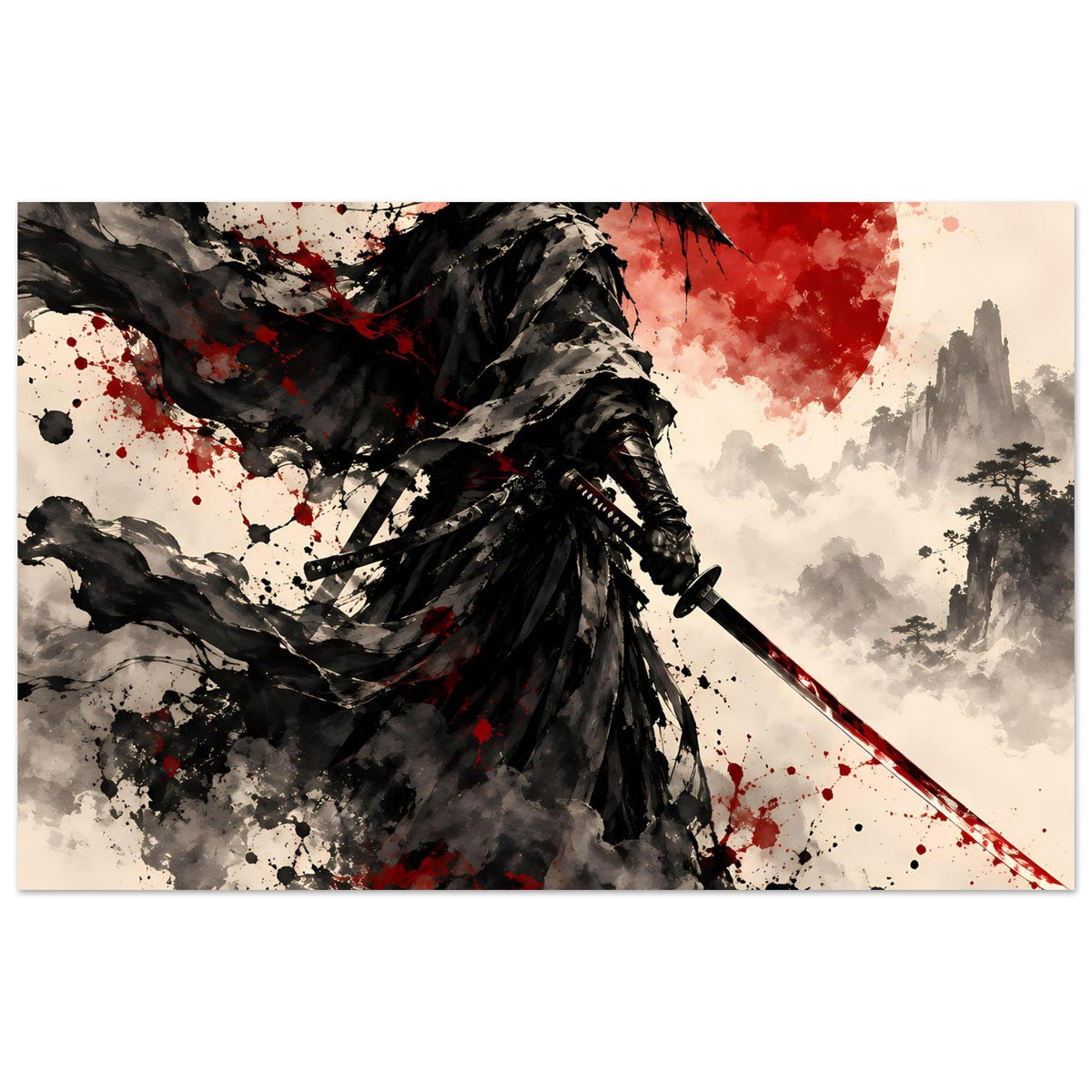 Samurai-Kriegerposter im Querformat mit roter Sonne, schwarzem Umhang und Katana