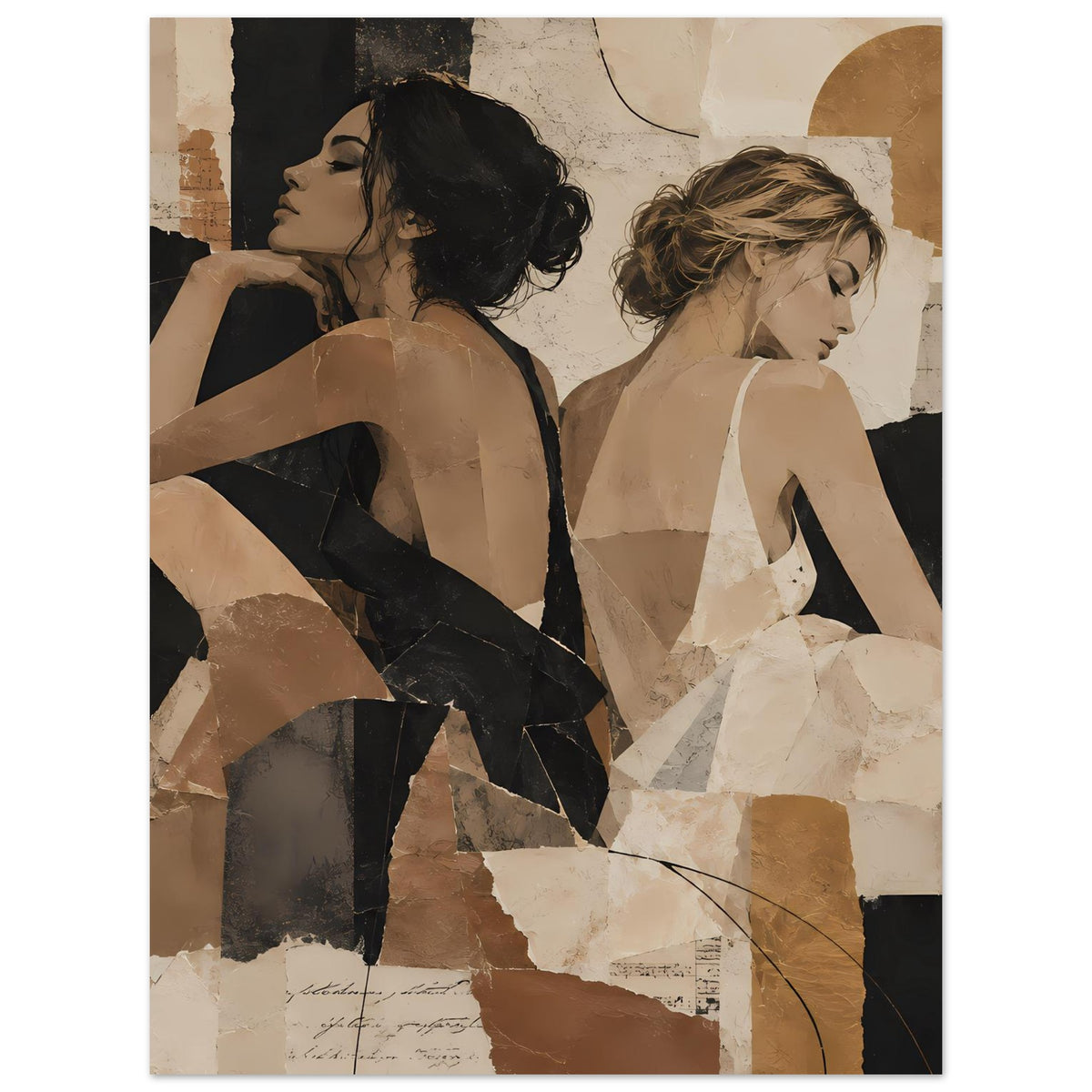 Collage-Poster mit zwei Frauen, schwarz-beige Erdtöne, abstrakte Flächen und Kanten