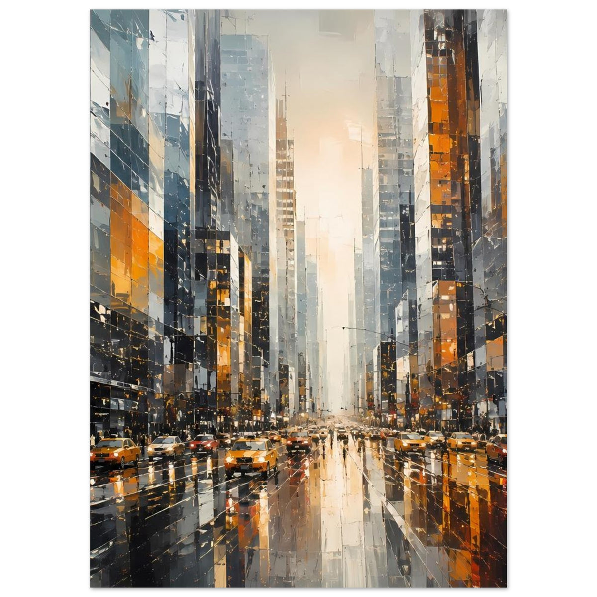 Stadtposter mit Großstadt-Straßenzug, Hochhäusern und gelben Taxis, Lichter spiegeln sich