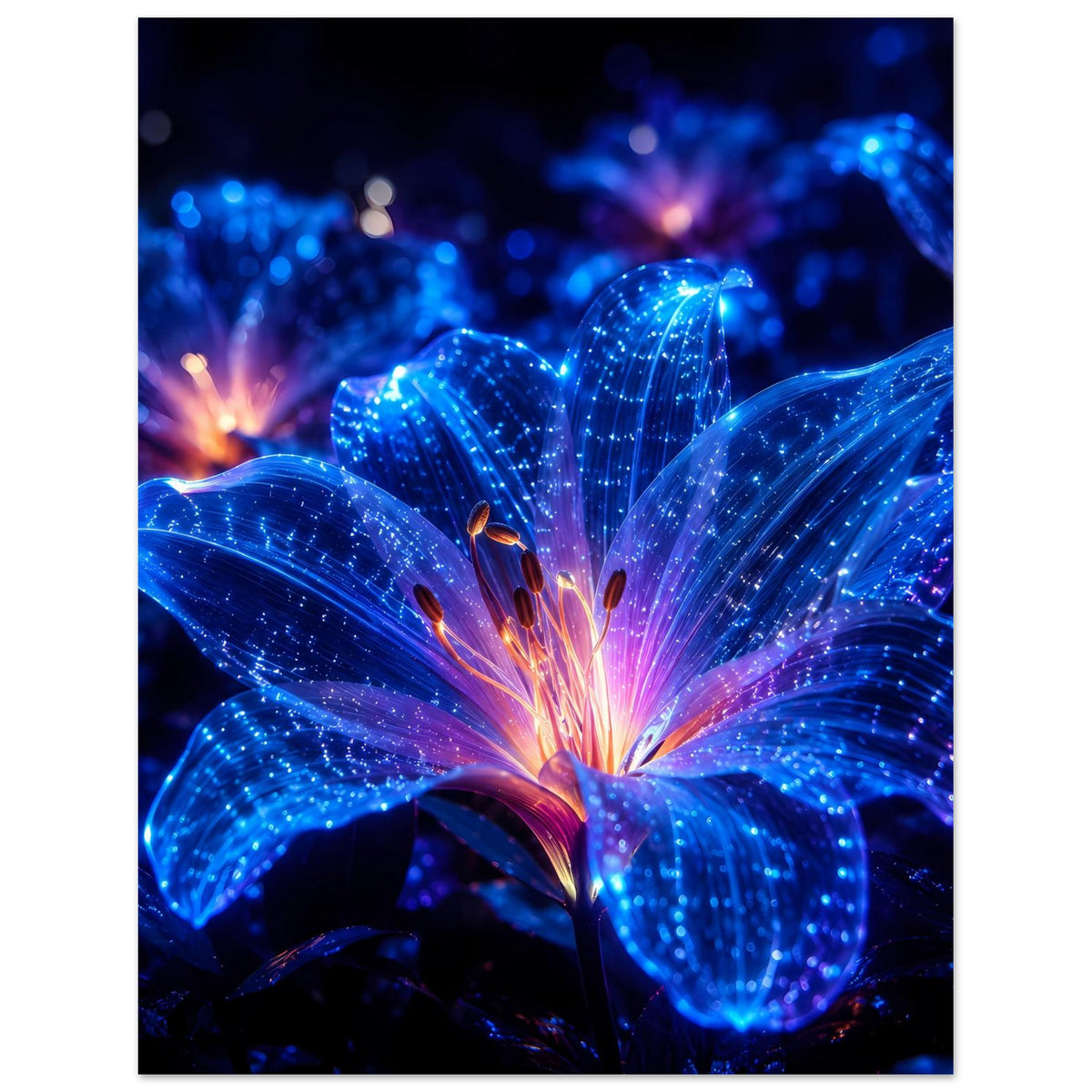 Blumenposter mit leuchtender blauer Blüte und funkelnden Linien auf den Blütenblättern