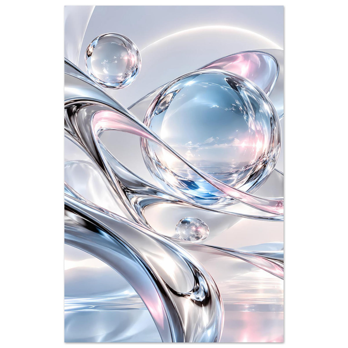 Kunstposter, silberne Ringe und Kugeln mit rosa und blauen Lichtreflexen
