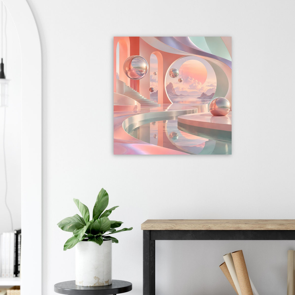 Quadratisches Poster in Pastellfarben mit surrealer Landschaft und reflektierenden Kugeln