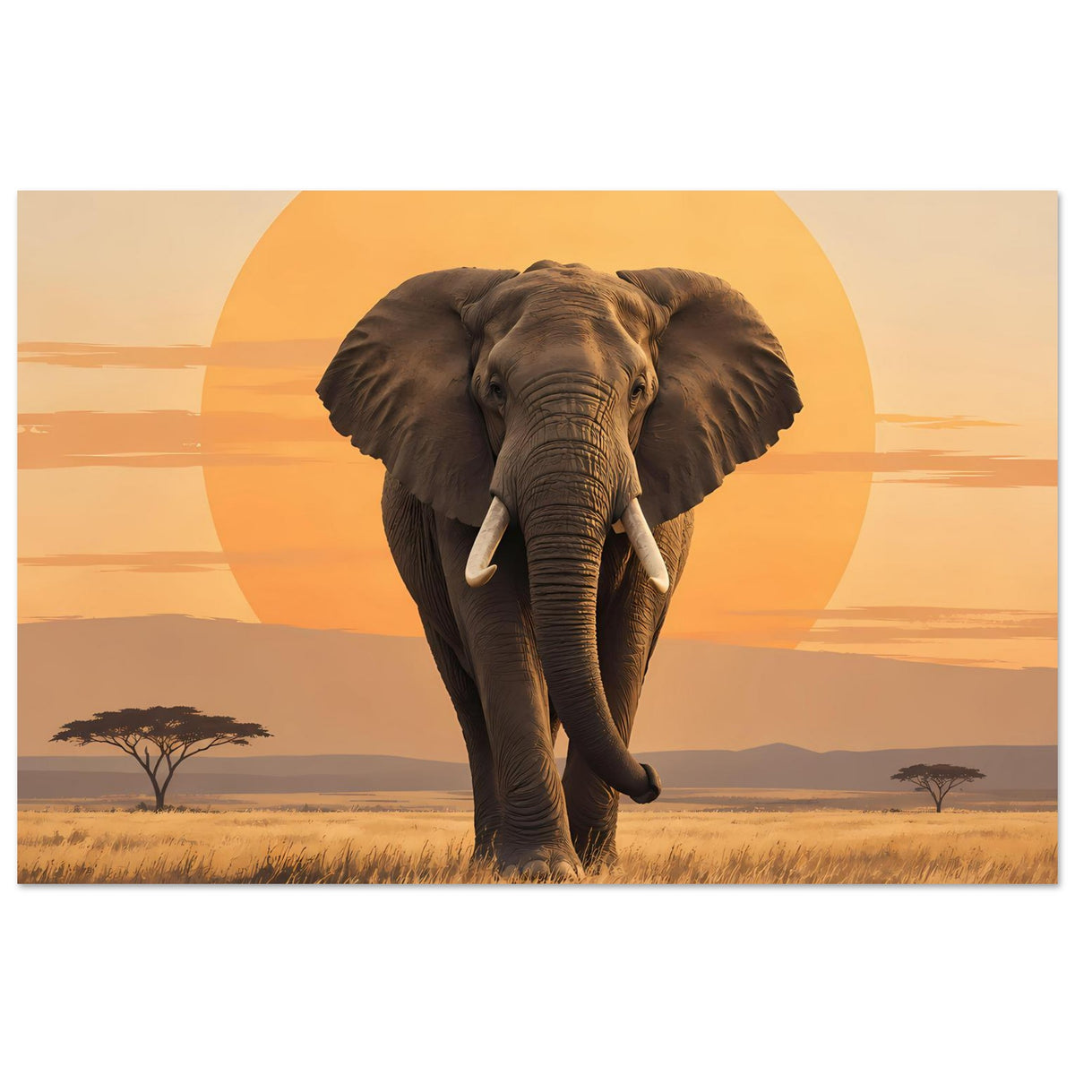 Elefanten-Sonnenuntergangsposter mit vorwärts schreitendem Elefanten, querformat