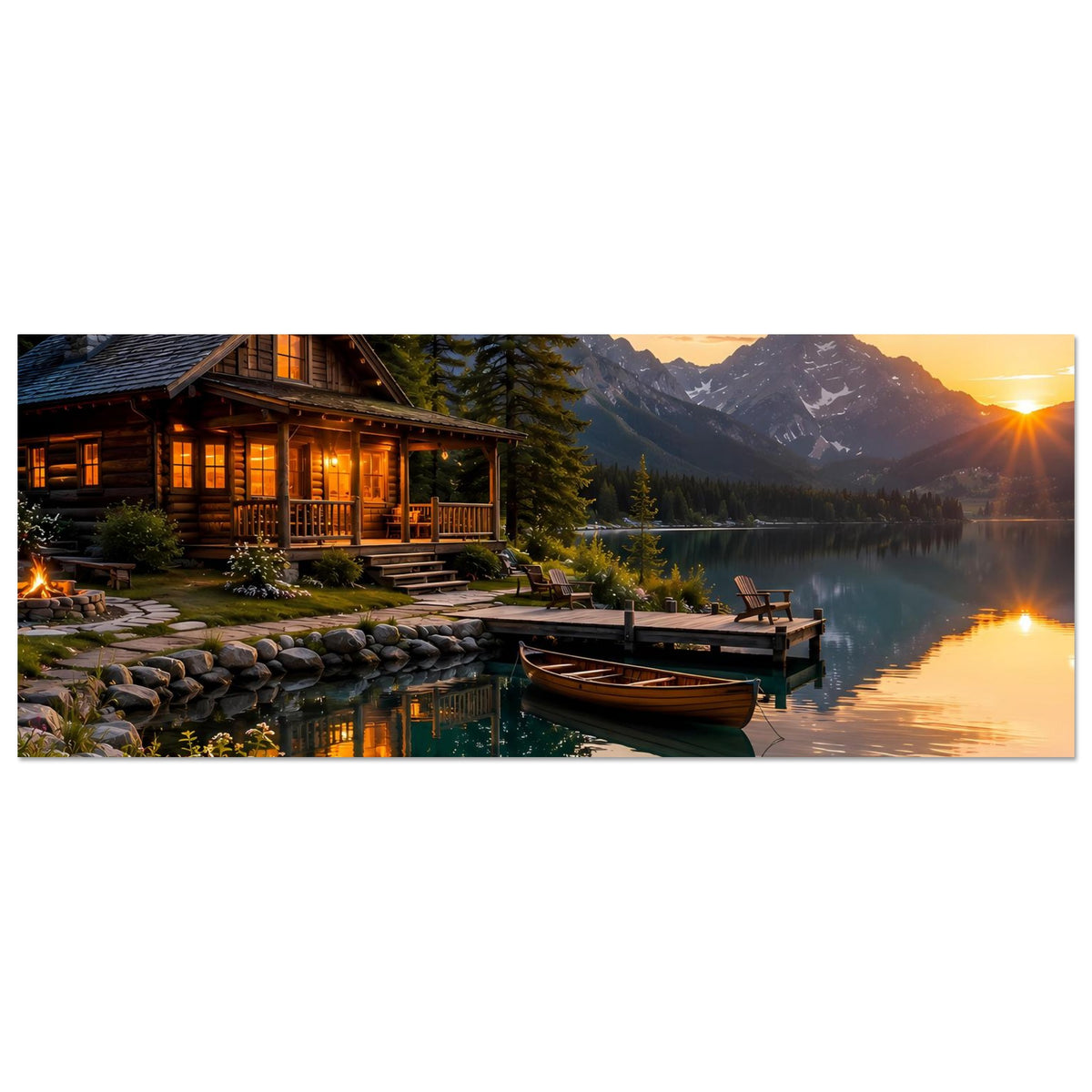 Horizontales Poster: Holzhaus am See, Boot am Steg und Sonnenuntergang über Bergen