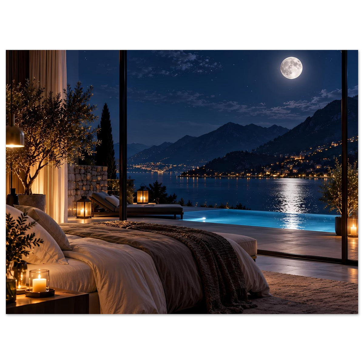 Luxuriöses Nachtblick-Poster (querformat) mit Bett, Seeuferlichtern und Mond am Himmel