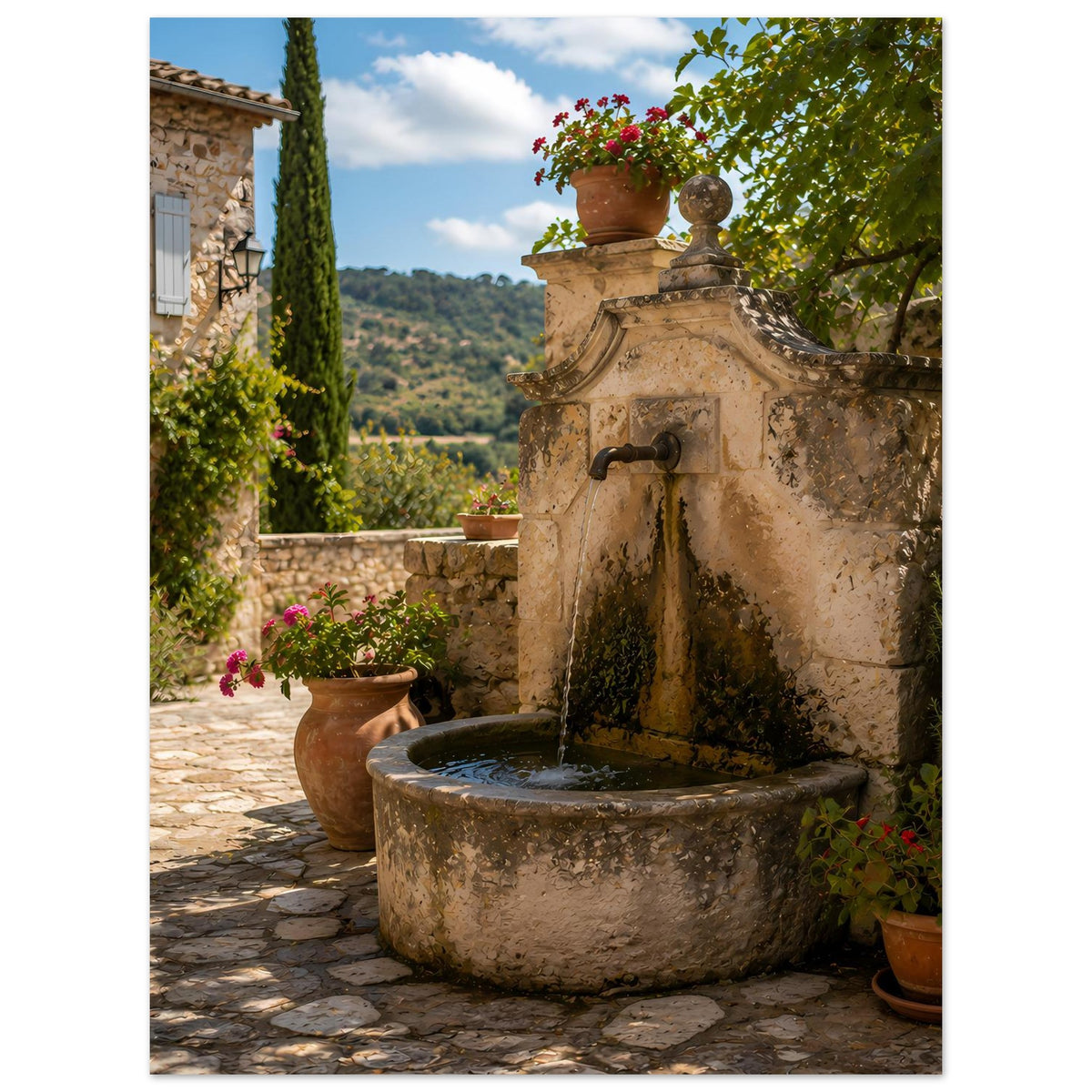 Steinbrunnen-Poster mit laufendem Wasser, Steinschale und Blumentöpfen im Garten