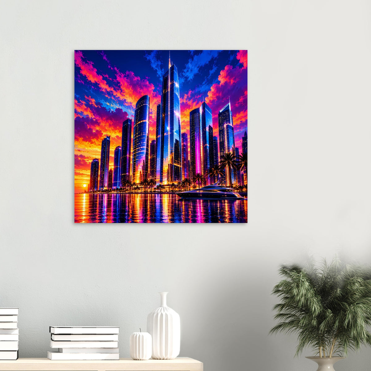 Quadratisches Poster mit leuchtender Großstadt-Skyline am Abendhimmel und Spiegelungen im Wasser