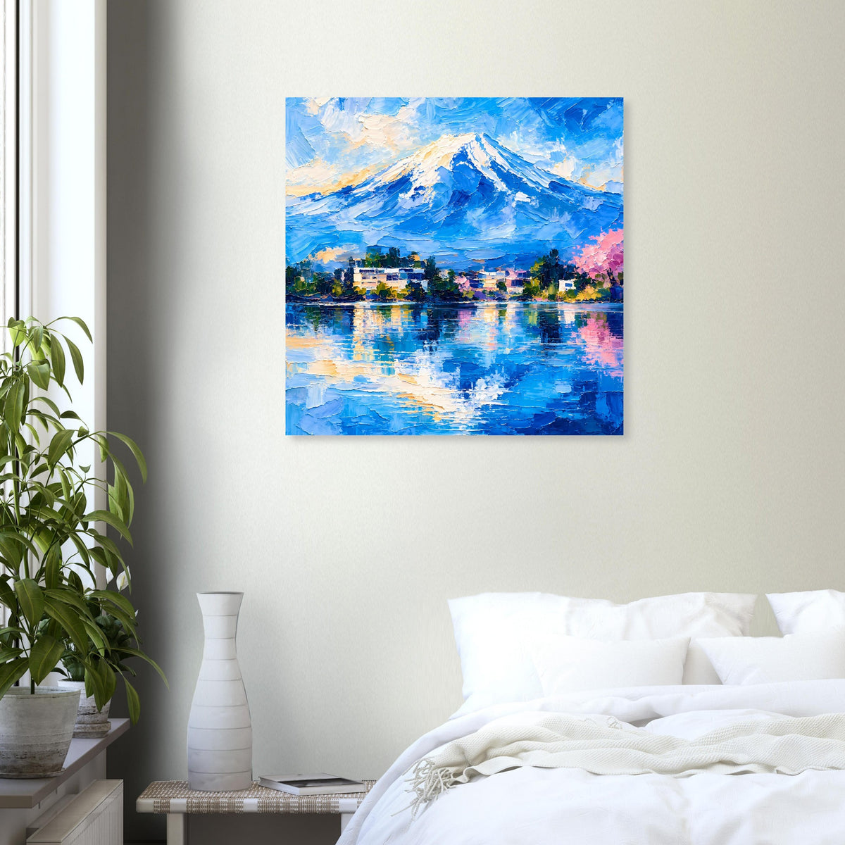 Quadratisches Poster mit blauem Vulkanberg, Seeufer und farbigem Himmel