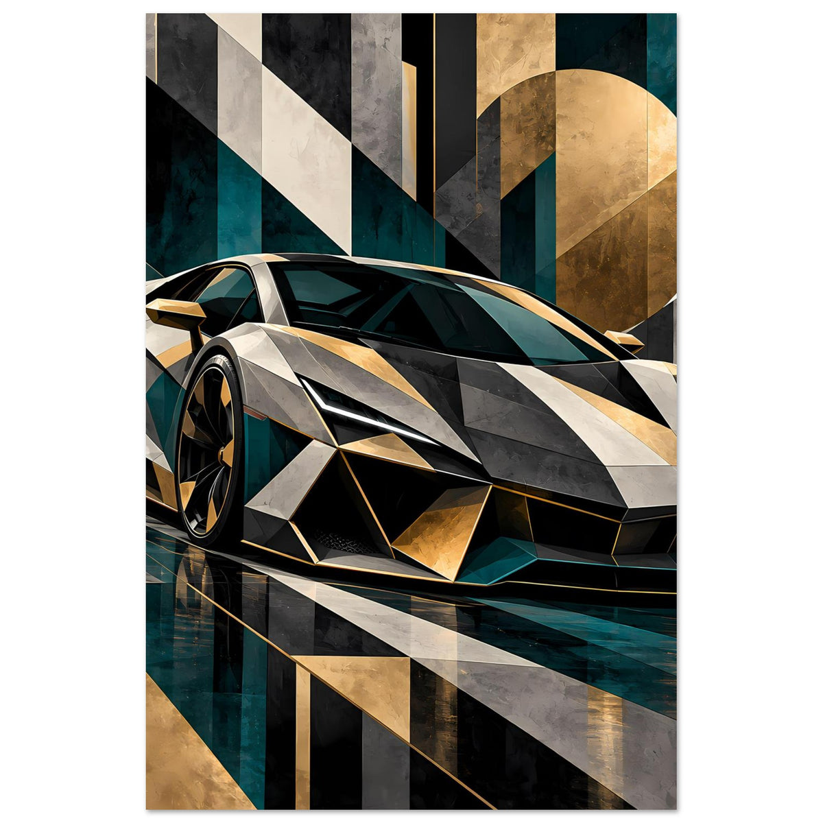 Autoposter mit Sportwagen-Front 3/4: silber-schwarz-gold, Petrol-Akzente