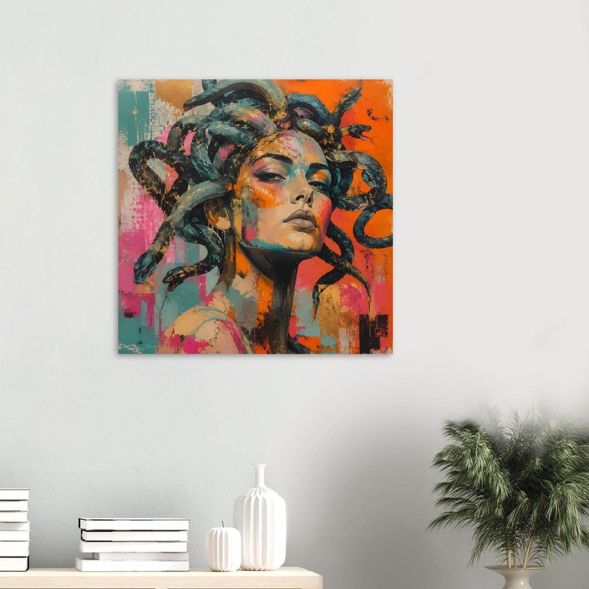 Poster mit Medusa-Porträt: dunkelblaues Schlangenhaar, Gesicht in bunten Farbspritzern