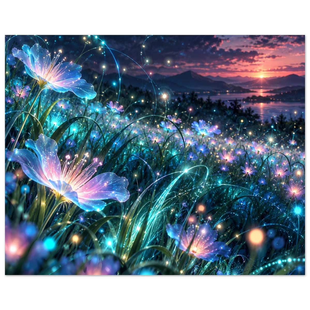 Horizontales Poster mit leuchtenden Blüten und funkelnden Lichtpunkten, Himmel im Dämmerlicht