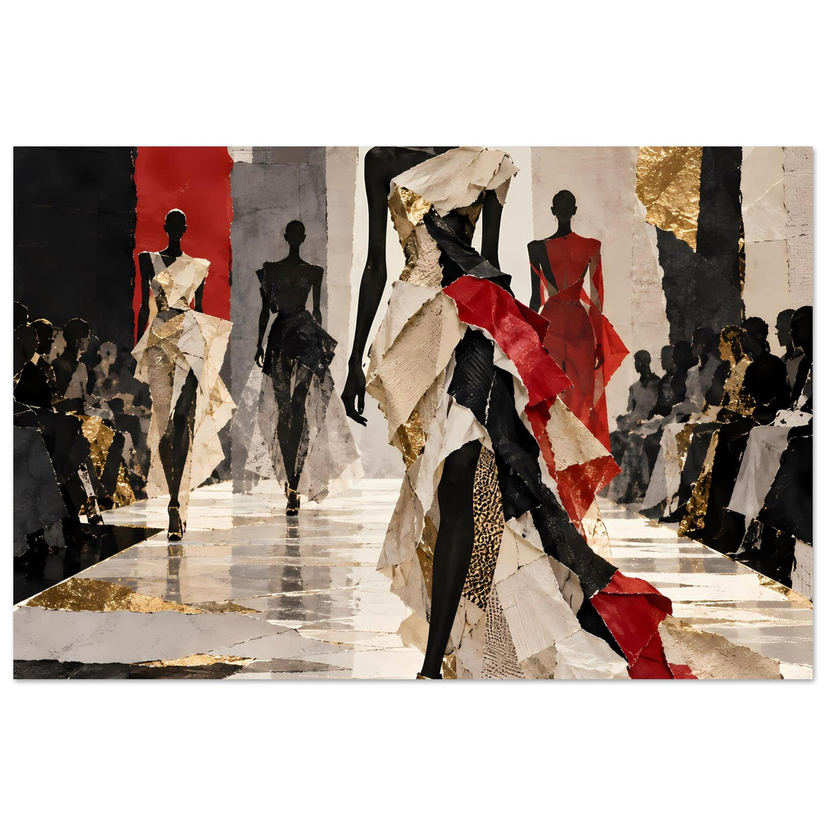 Modeposter mit zentraler Figur im strukturierten Kleid, Schwarz-Rot-Gold vor Bühne