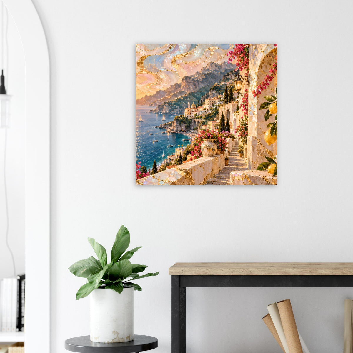Wandposter mit Küstenansicht, blauem Meer und Reihenhäusern entlang einer Felswand