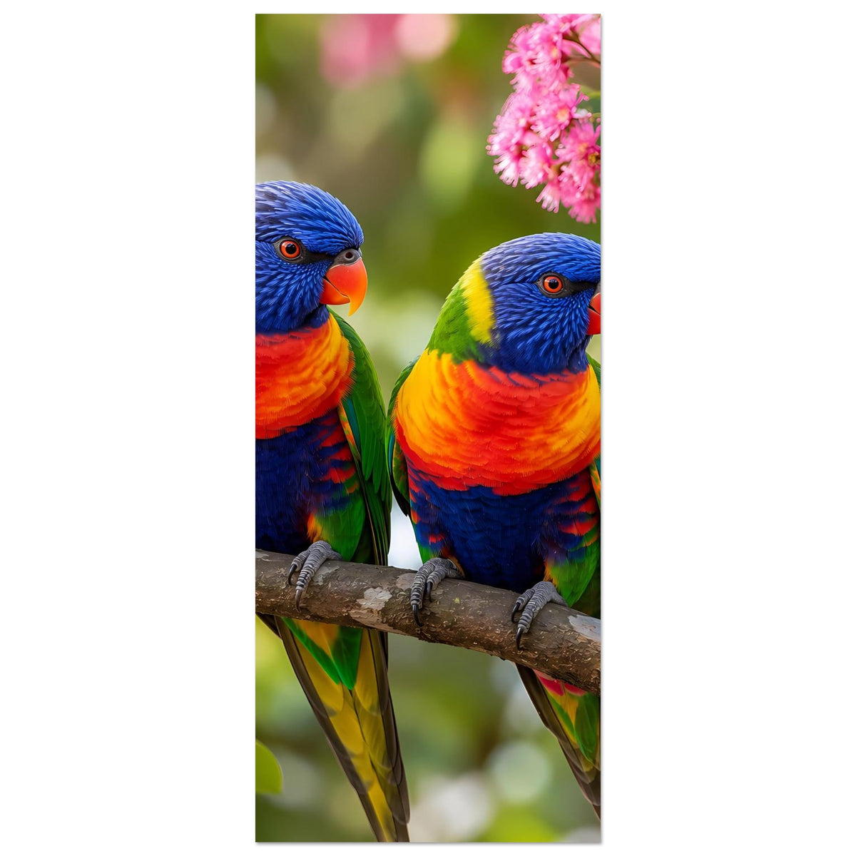 Wandposter im Hochformat-Ausschnitt: Zwei Regenbogenlorikeets auf Ast, rosa Blüten im oberen Bereich