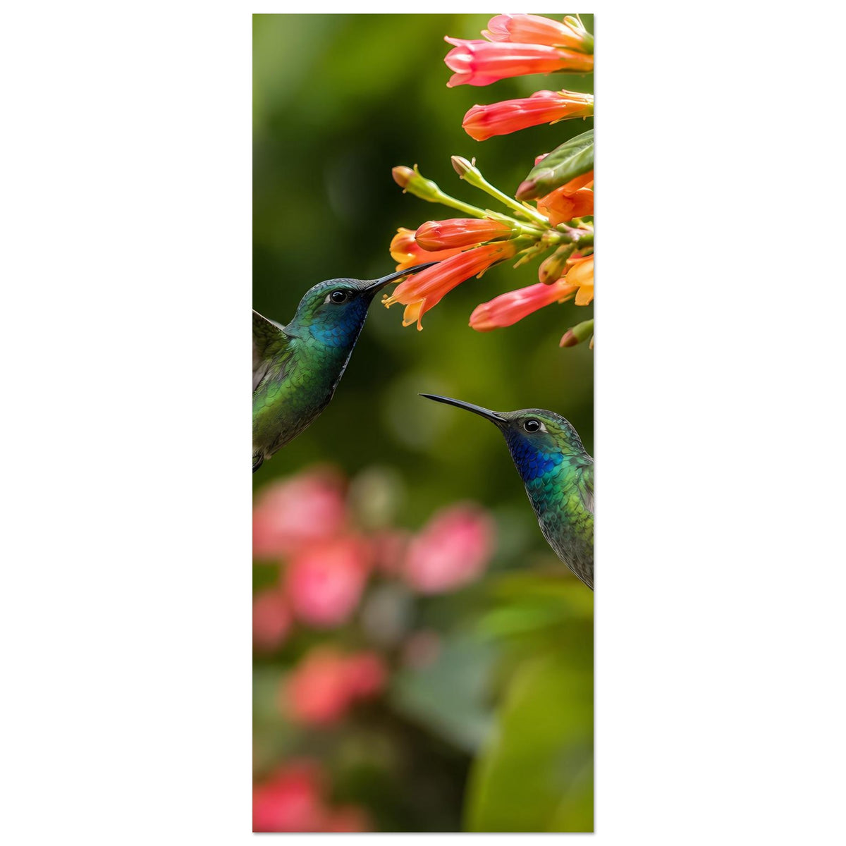 Poster im Hochformat: zwei Kolibris an orangefarbenen Blütentrauben