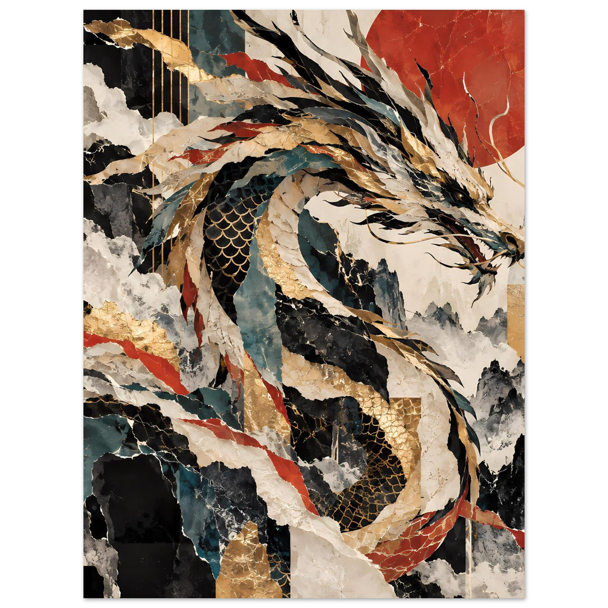 Drachen-Poster mit abstraktem Drachenkopf, Blau-Grün, Schwarz und Goldakzenten, gerahmt