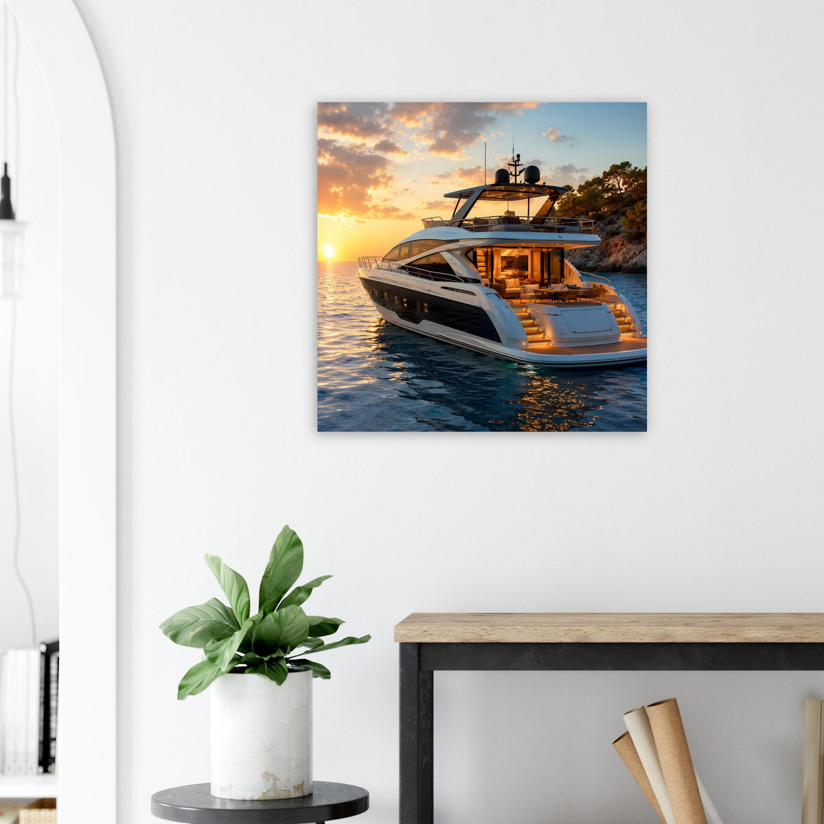 Poster mit Motoryacht im Profil, goldenes Abendlicht über dem Wasser