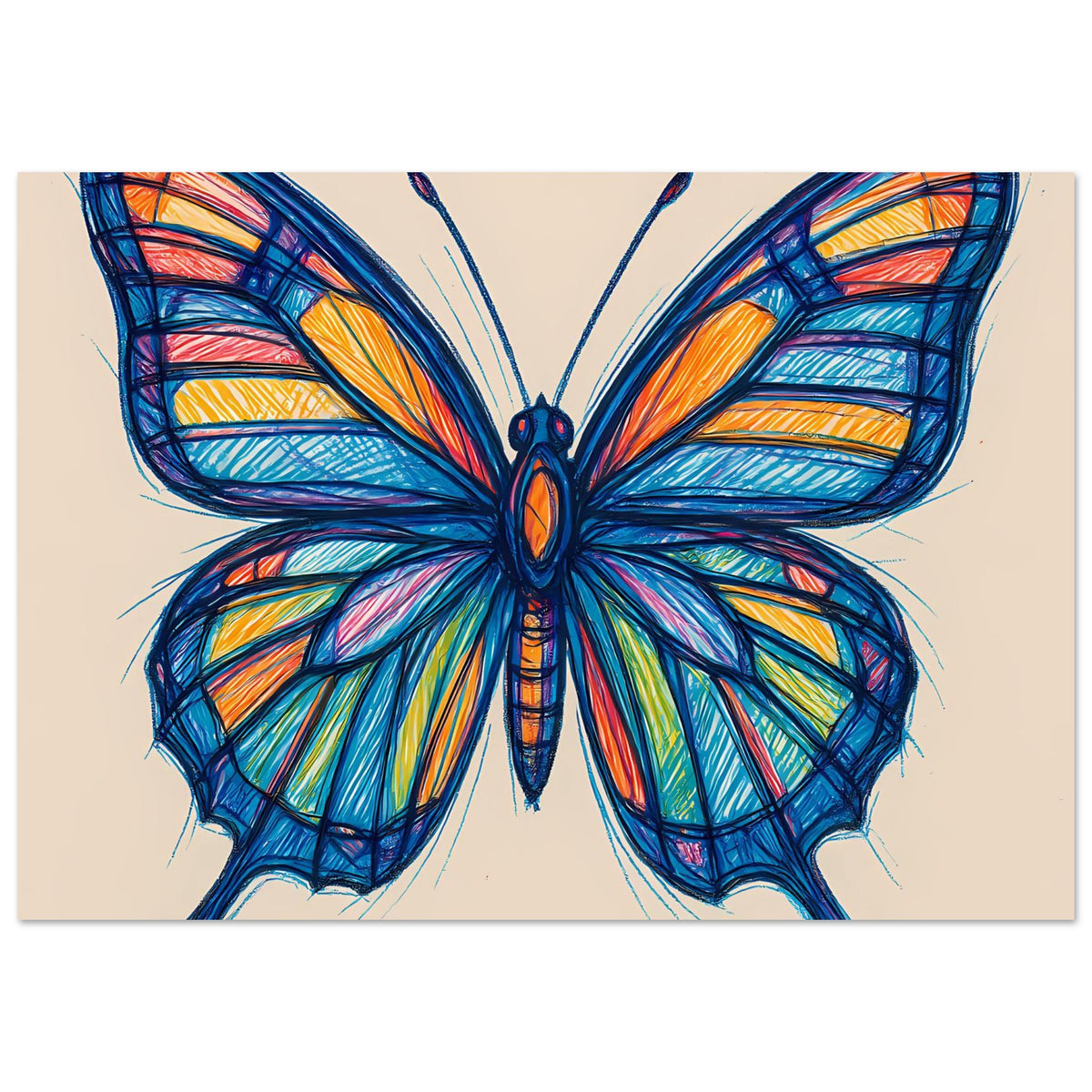 Schmetterlingsposter: farbenfrohe Schmetterlingsflügel mit blauen Linien, horizontal, klar zentriert