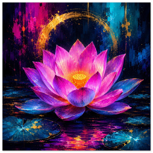 Blumenposter mit leuchtender Lotusblüte in Rosa/Violett mit goldenen Akzenten
