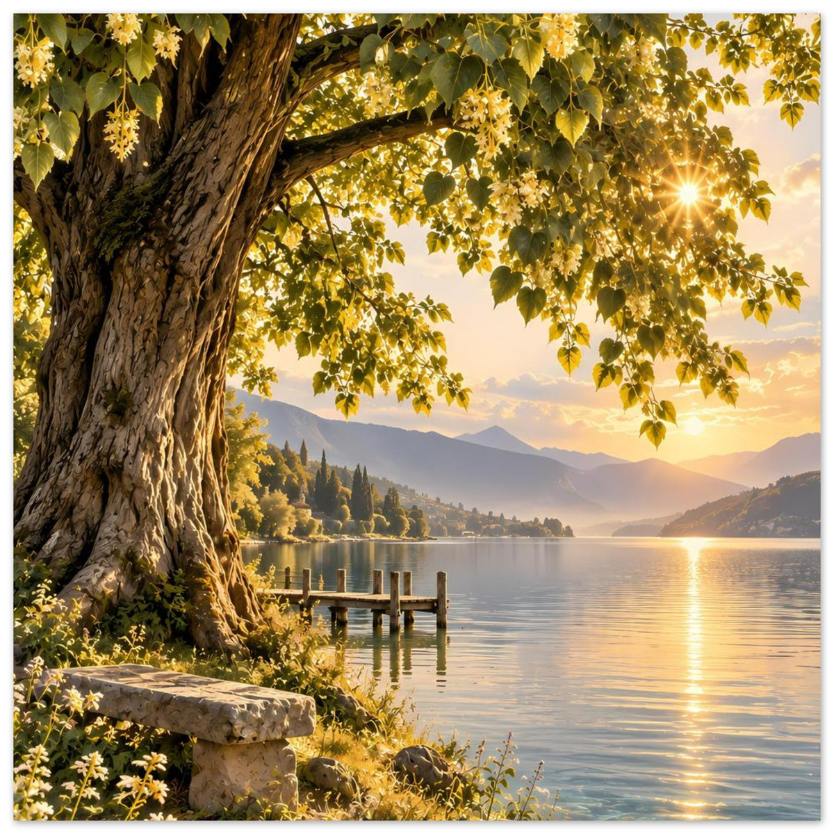 Poster mit altem Baum, Blättern, Holzsteg und See bei goldener Abendsonne