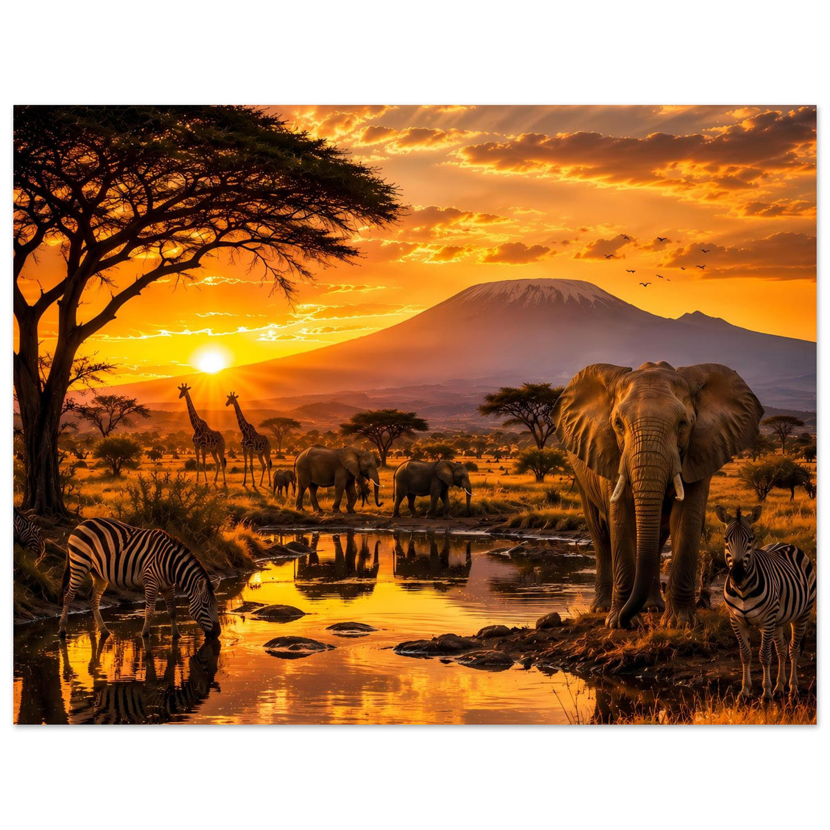 Afrika-Wildtiere-Poster, horizontal: Elefant rechts, Zebras vorn, Giraffen im goldenen Savannenlicht