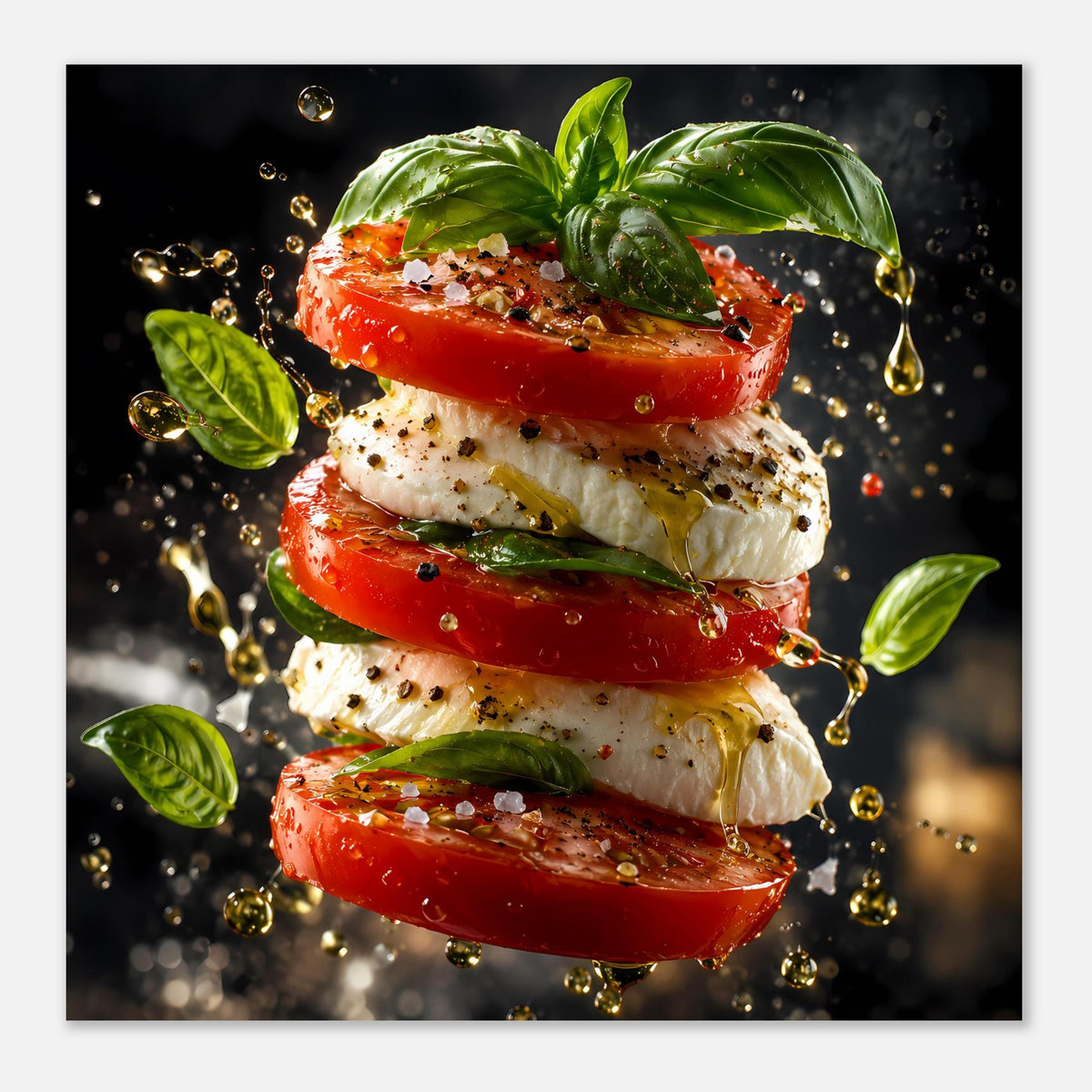 Küchenposter im Quadratformat: Tomate‑Käse‑Stapeln mit Basilikumblättern und Gewürzsprenkel