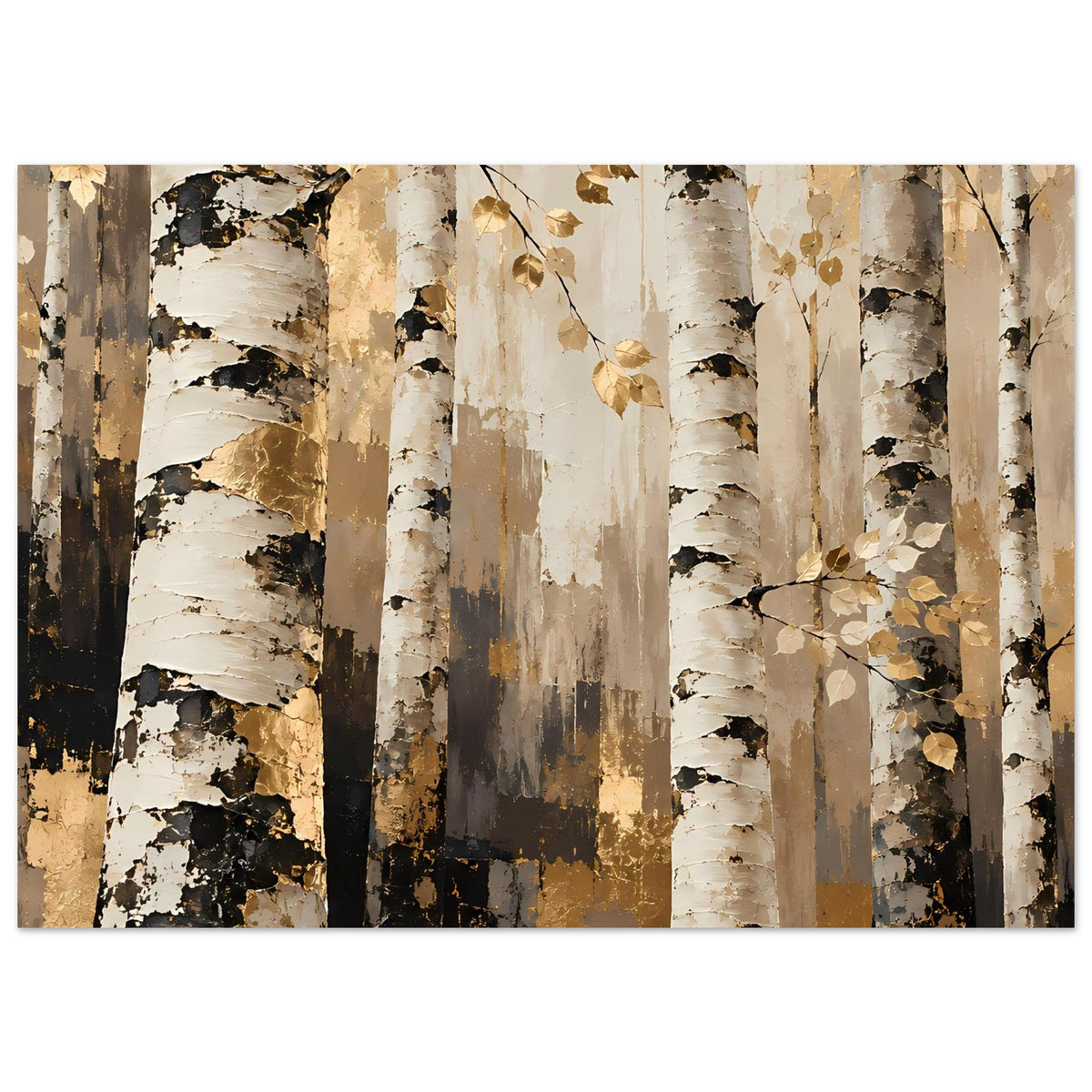 Naturposter mit Birkenstämmen und goldenen Blattzweigen, beige, braun und dunkelgrau