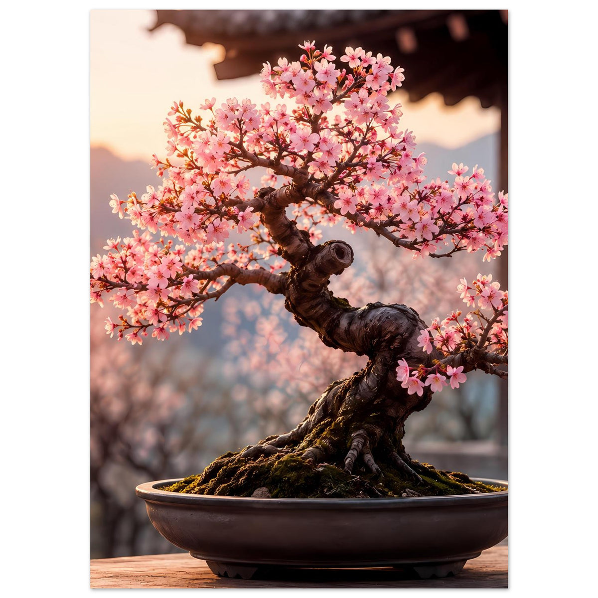 Bonsai-Kunstdruck: pink blühender Baum über Schale, vertikaler Druck