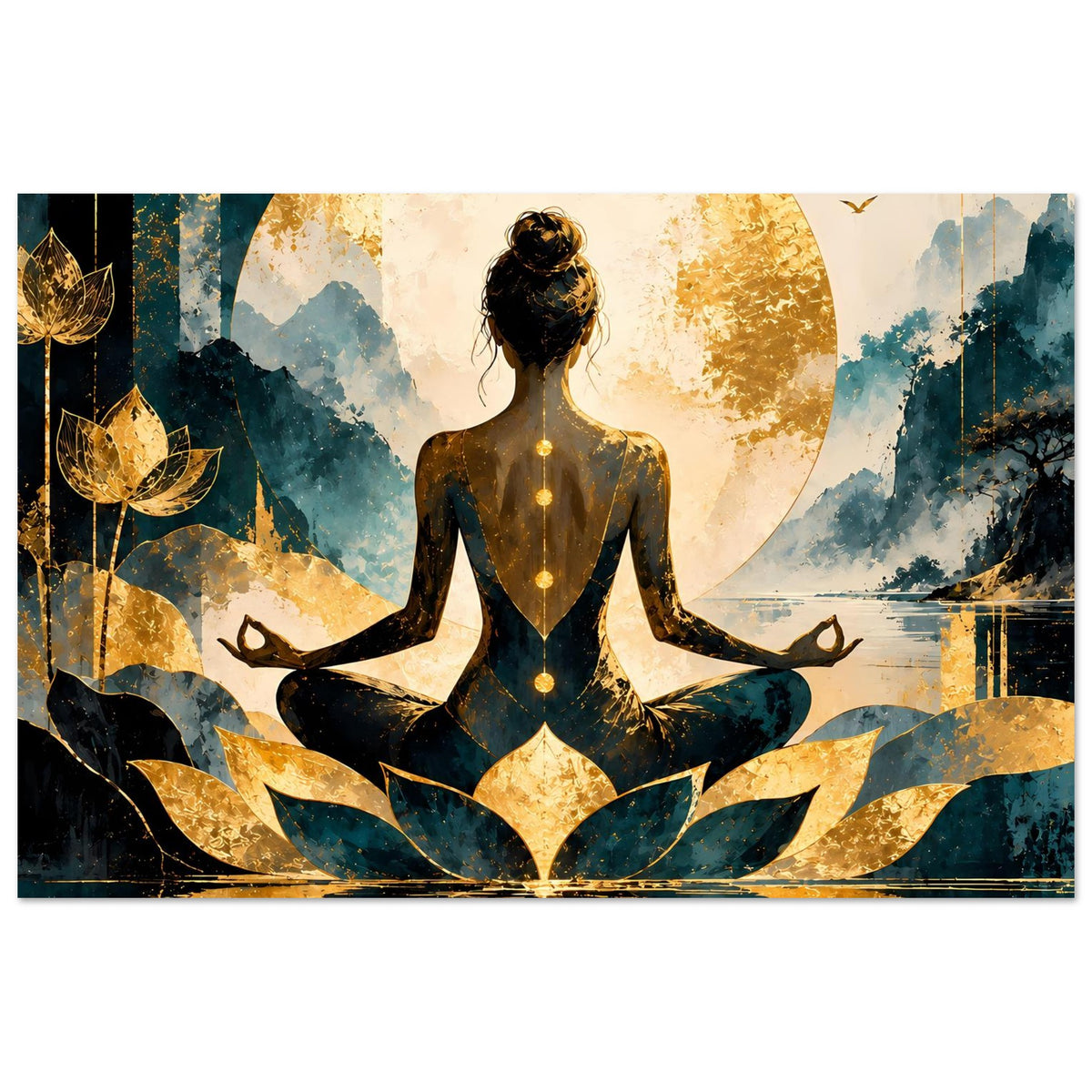 Lotus-Poster mit Meditationsfigur im Lotussitz, goldener Blütenmitte und blauen Lotusblättern