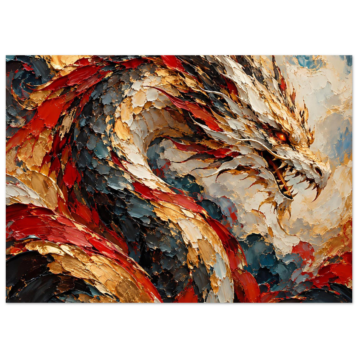 Fantasy-Poster mit Drachen im Feuerstil: rotes und goldenes Schuppenkleid, dynamische Pose