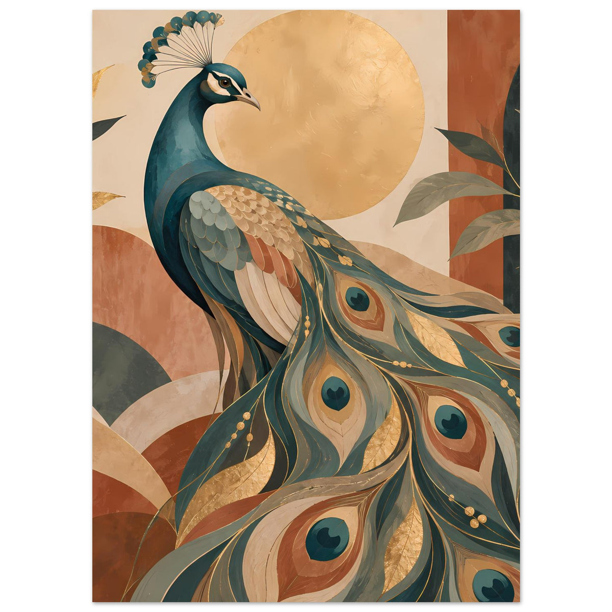 Poster mit Pfau im Profil, Pfauenfächer in Türkis und Gold, Akzente in warmem Braun