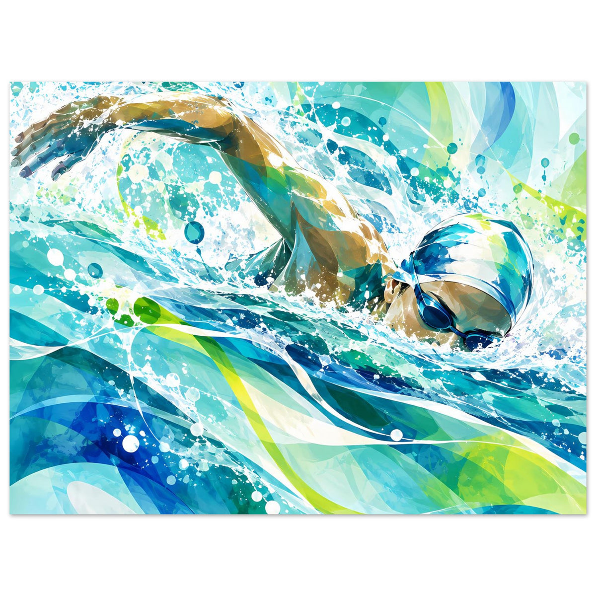 Querformat-Poster mit abstrakter Schwimmer-Szene in Blau-Grün und sprühenden Blasen