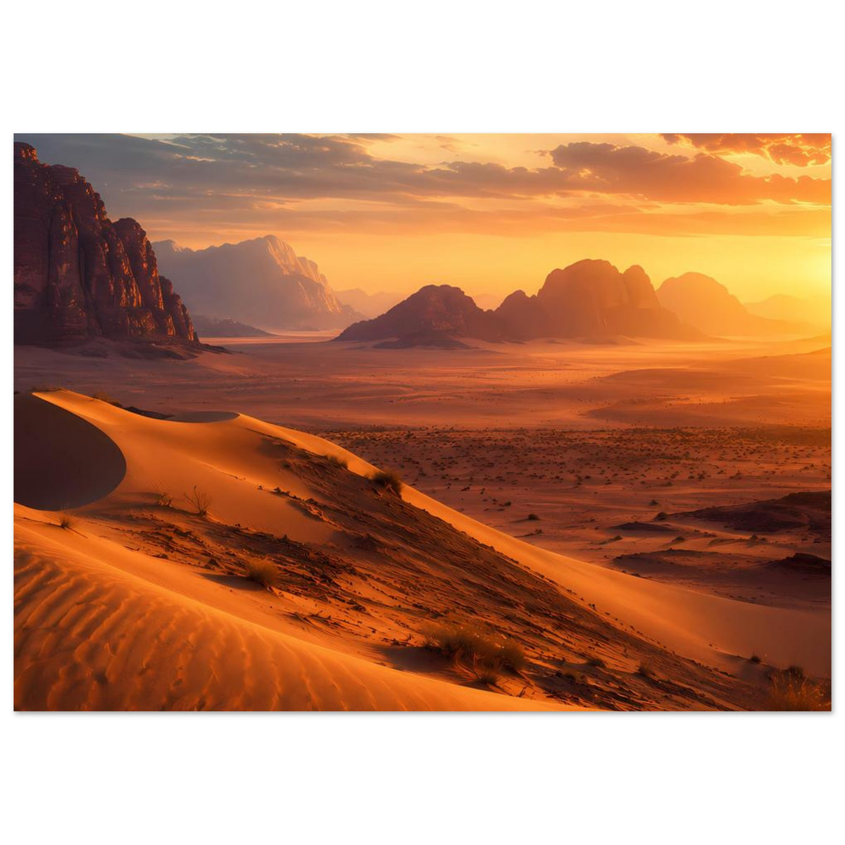 Breitformat-Poster der Wüste bei Sonnenuntergang, Dünenlinie links und Berge im Hintergrund