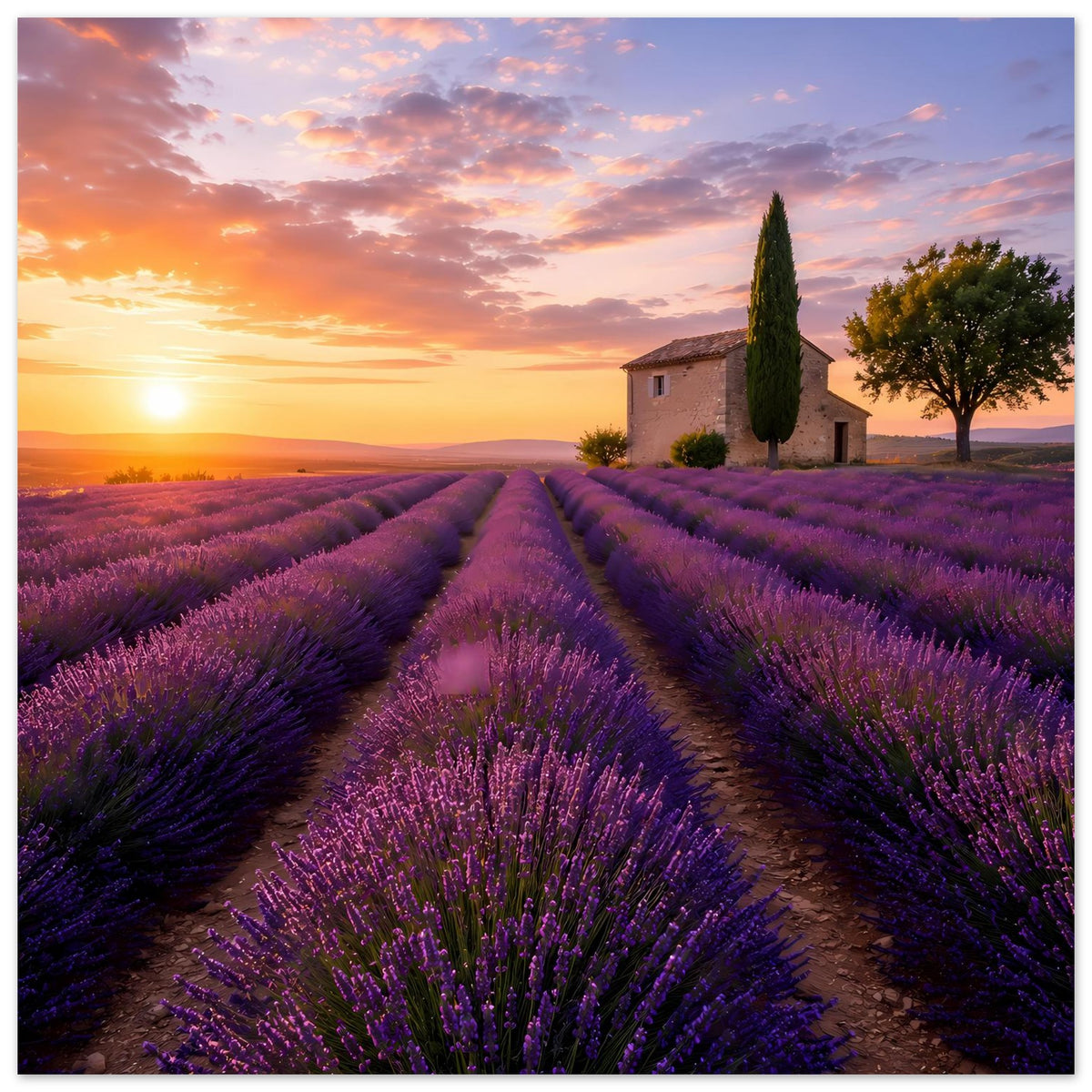Lavendel-Landschaftsposter mit starkem Sonnenuntergang: violette Felder, Weg, Hütte und Zypressenbaum.