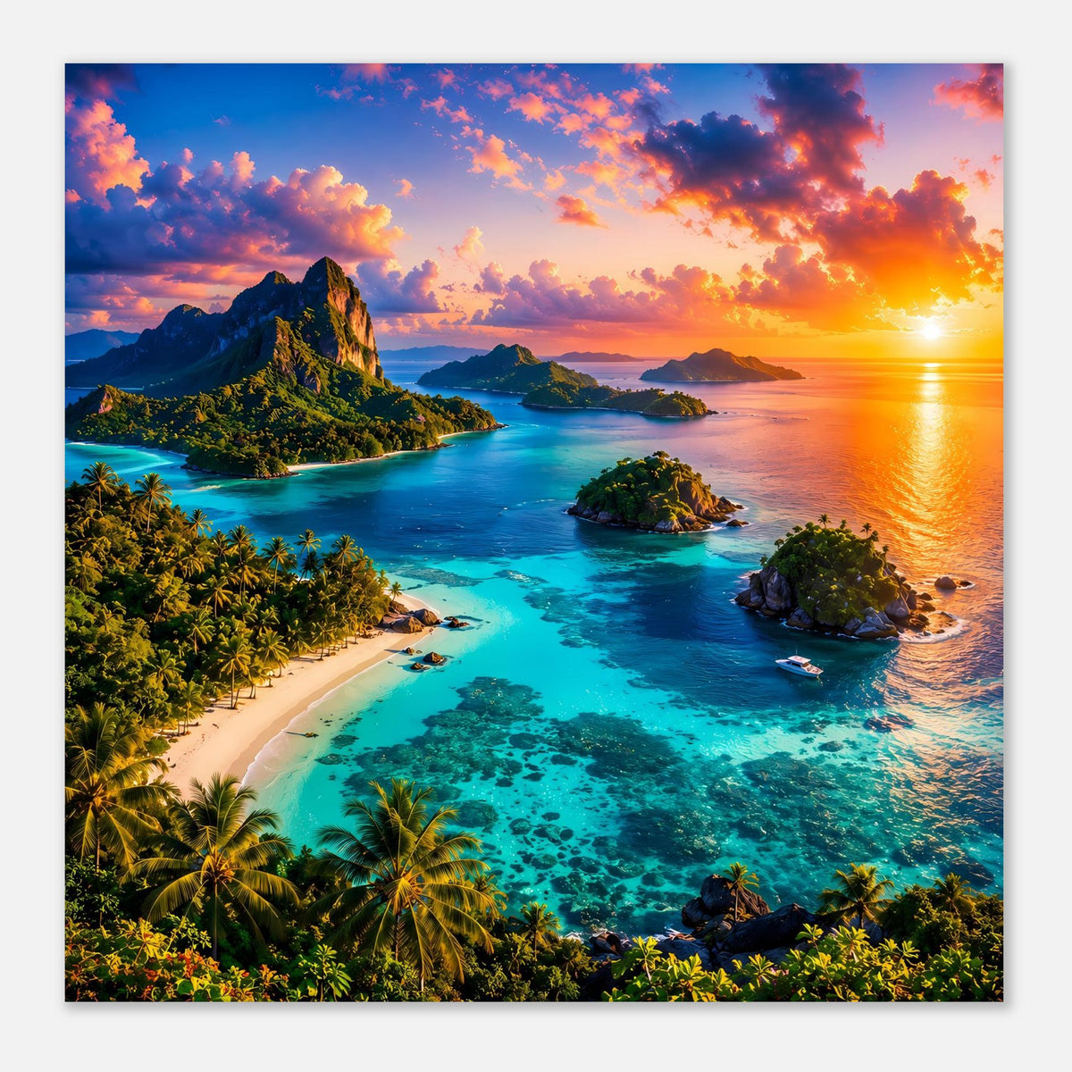 Horizontales Poster: tropische Küstenlandschaft mit türkisblauer Lagune und Abendhimmel