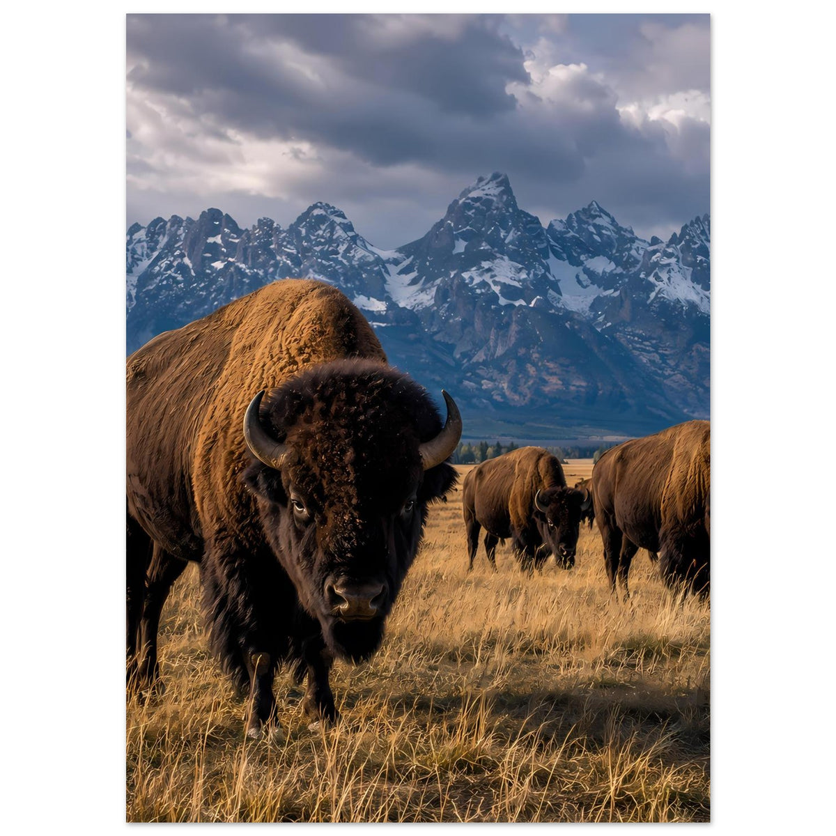 Poster mit Bisonherde: Vorderbison mit Hörnern, weitere Tiere im Gras verteilt