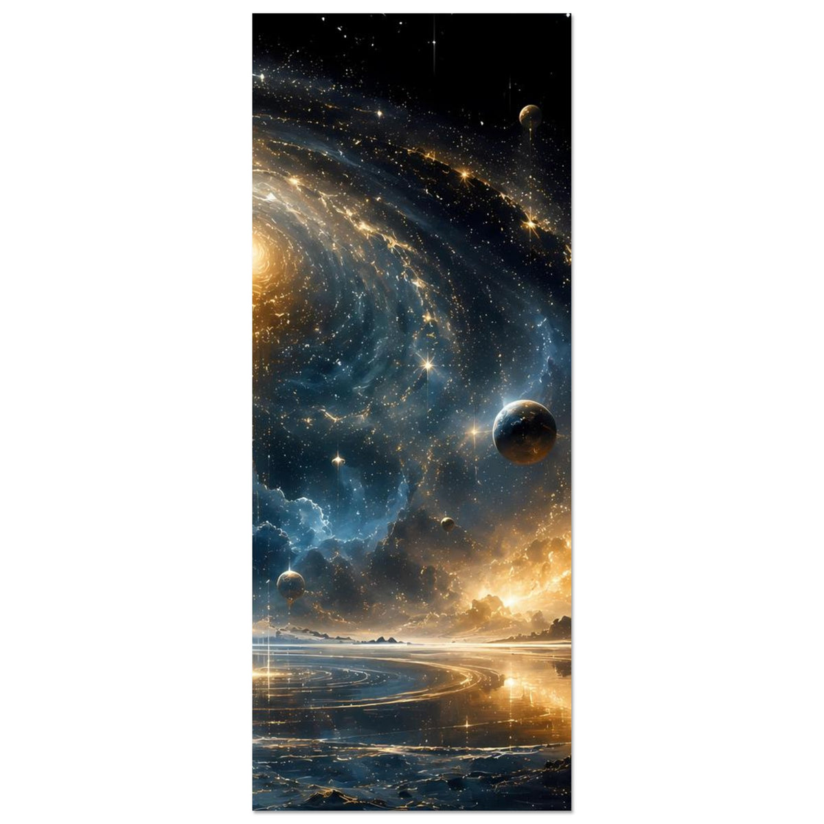 Vertikales Weltraum-Poster mit Spiralgalaxie, Sternen und goldenem Horizont