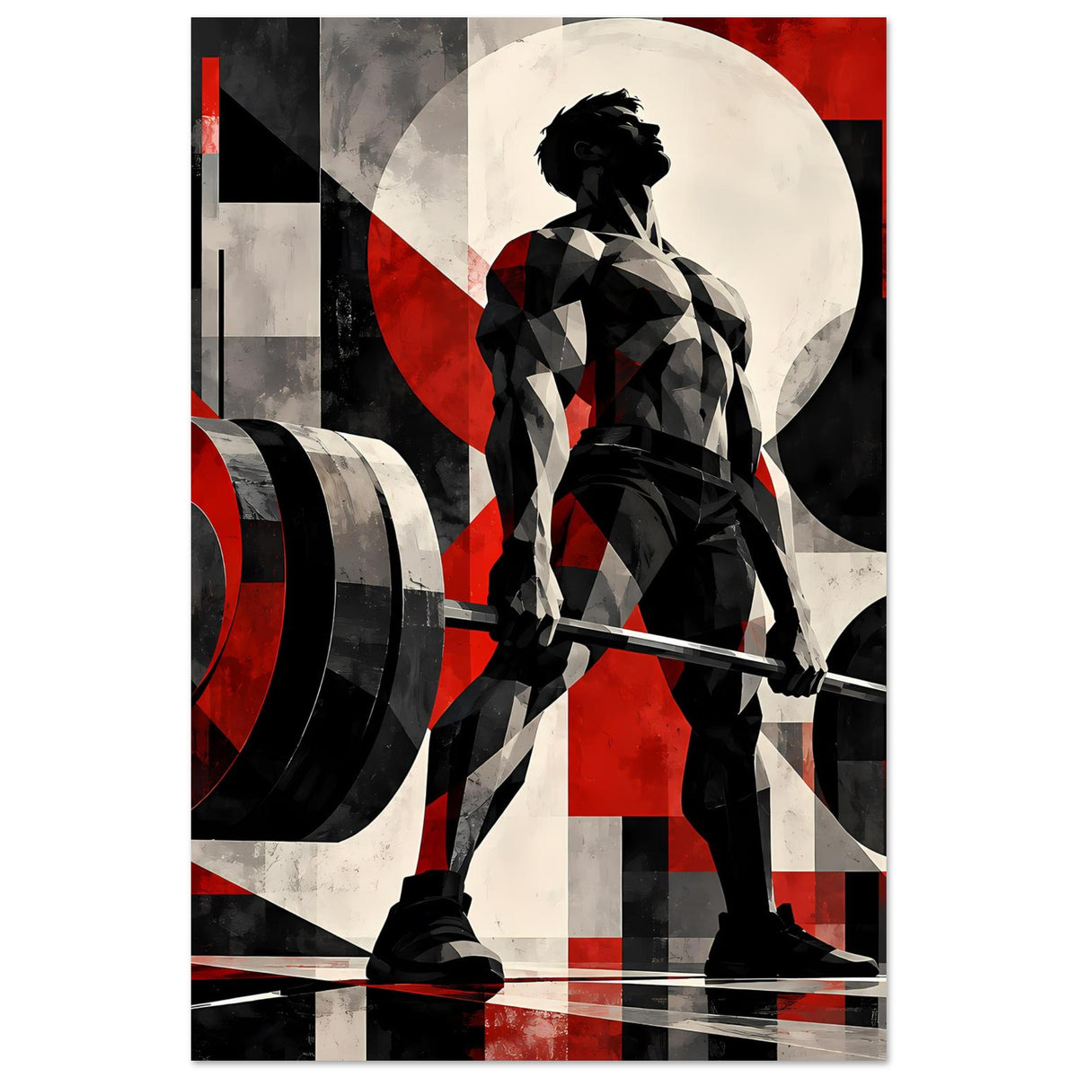 Fitnessposter mit Kraftsportmotiv: Person mit Hantel, schwarz-rote Flächen und Kreise