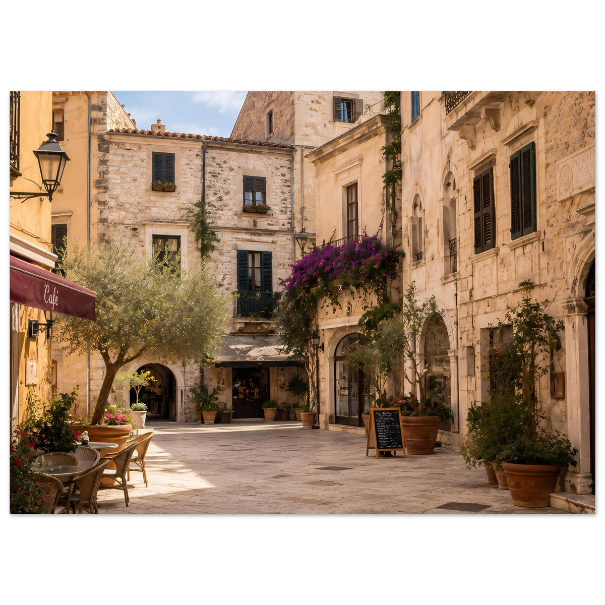 Poster mit mediterraner Gasse, Steinhäusern, Café und Blumen