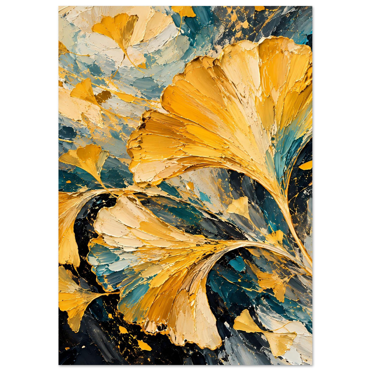 Ginkgo-Blatt-Poster im Hochformat: goldene Blätter, türkis-blaue Pinselwolken und dunkler Stamm