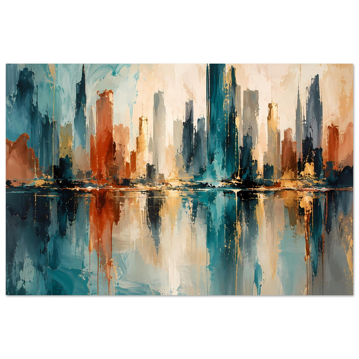 Abstraktes Skyline-Poster: Gebäude-Silhouette mit Spiegelung, Blau, Gold und Rost, gerahmt