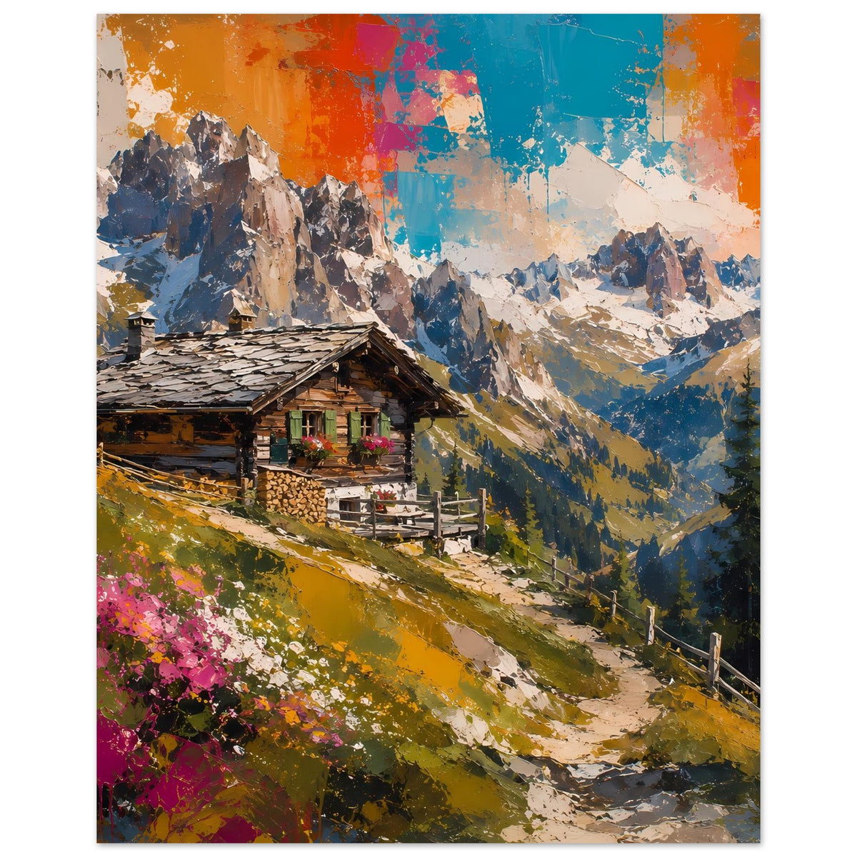 Poster im Hochformat mit Alpenhütte, Weg und Bergmassiv im abstrakten Farbverlauf